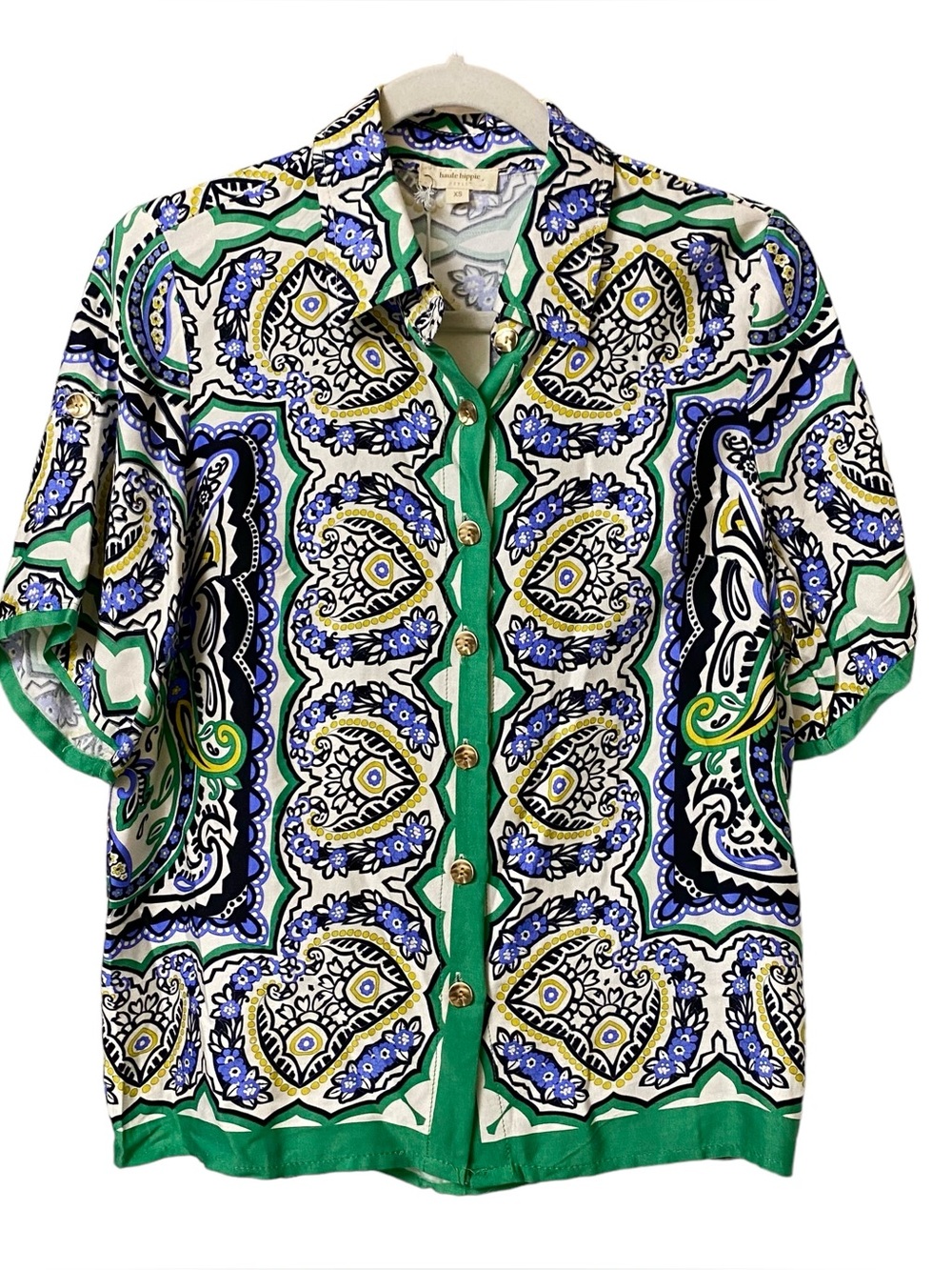 Haute hippie bright colorful boho floral paisley botanic button up Top Size XS